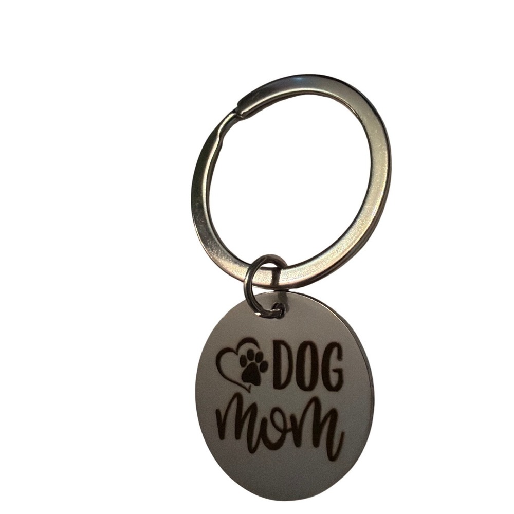 Dog Mom Keychain Round Metal Paw Print Heart Charm Silver Tone‎